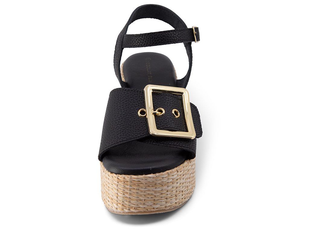 Jenis Black Wedge Sandal with gold buckle_front and toe area view