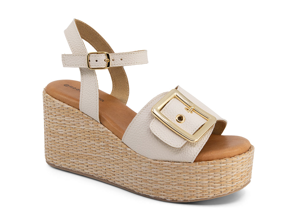 Jenis Ice Wedge Sandal with gold buckle_front angle view