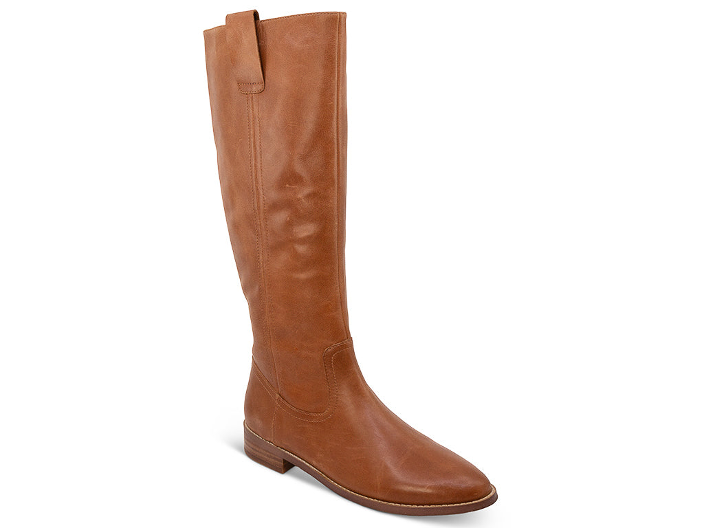 saddle leather tall boot on a low heel - front 3/4 view