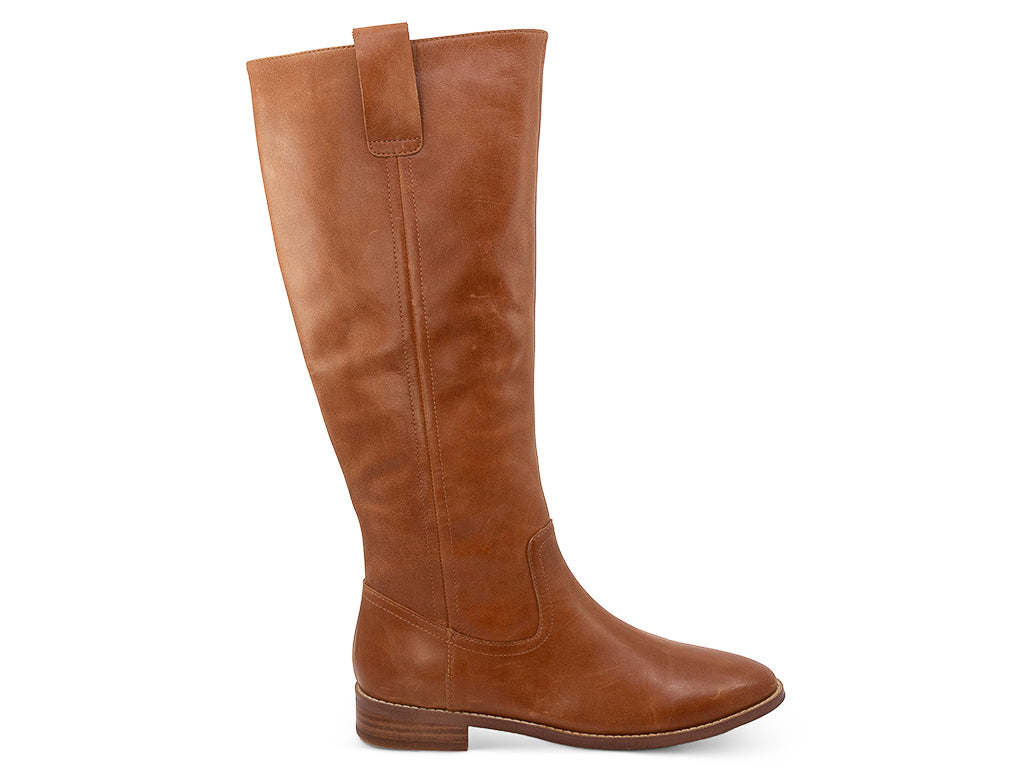 saddle leather tall boot on a low heel - lateral side view