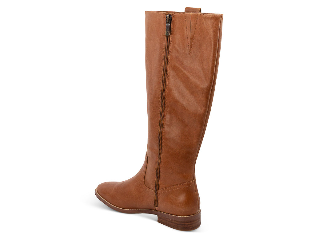 saddle leather tall boot on a low heel - medial view of a side and zipper