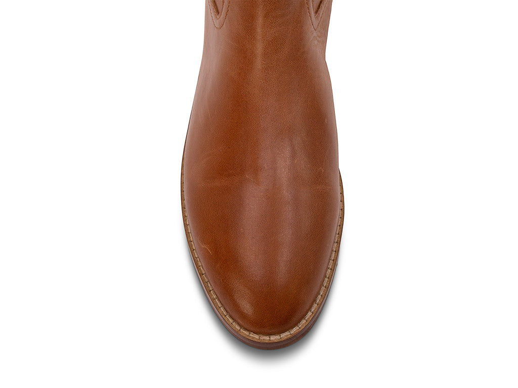 saddle leather tall boot on a low heel - vie of the toe shape