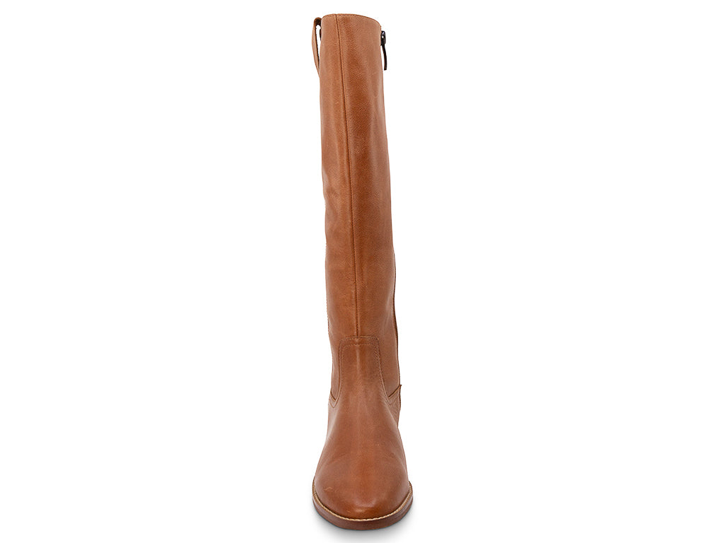 saddle leather tall boot on a low heel - front view