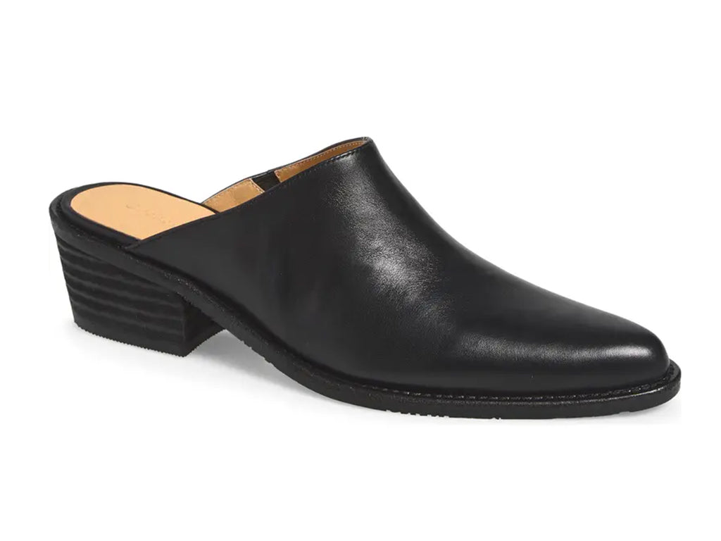 black leather mule shoe with a low block heel - 3/4 front view