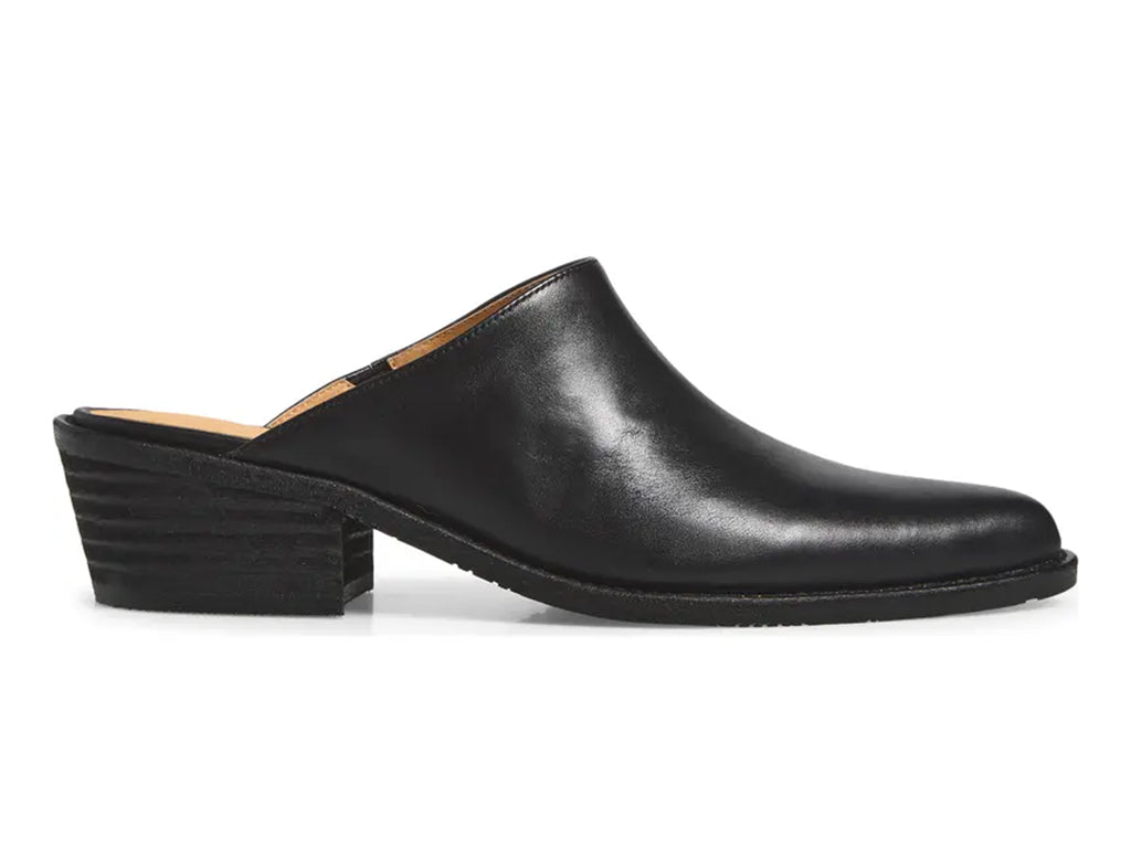 black leather mule shoe with a low block heel - outer side view