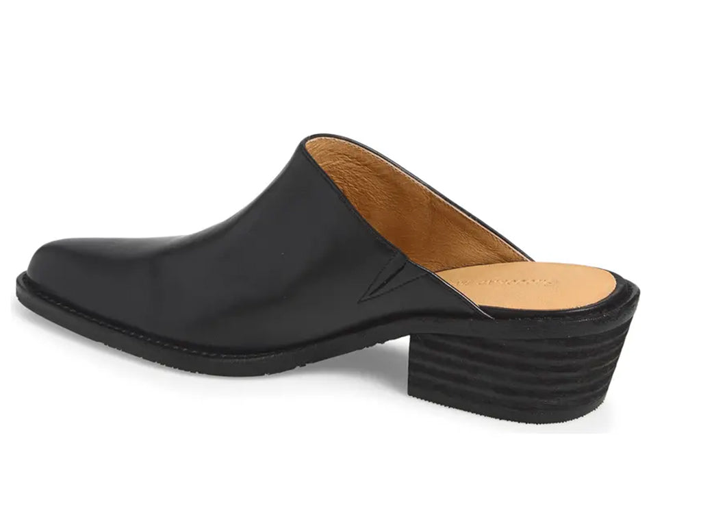 black leather mule shoe with a low block heel - inner side view