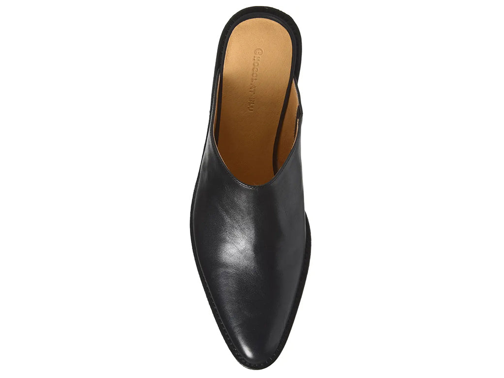 black leather mule shoe with a low block heel - top view