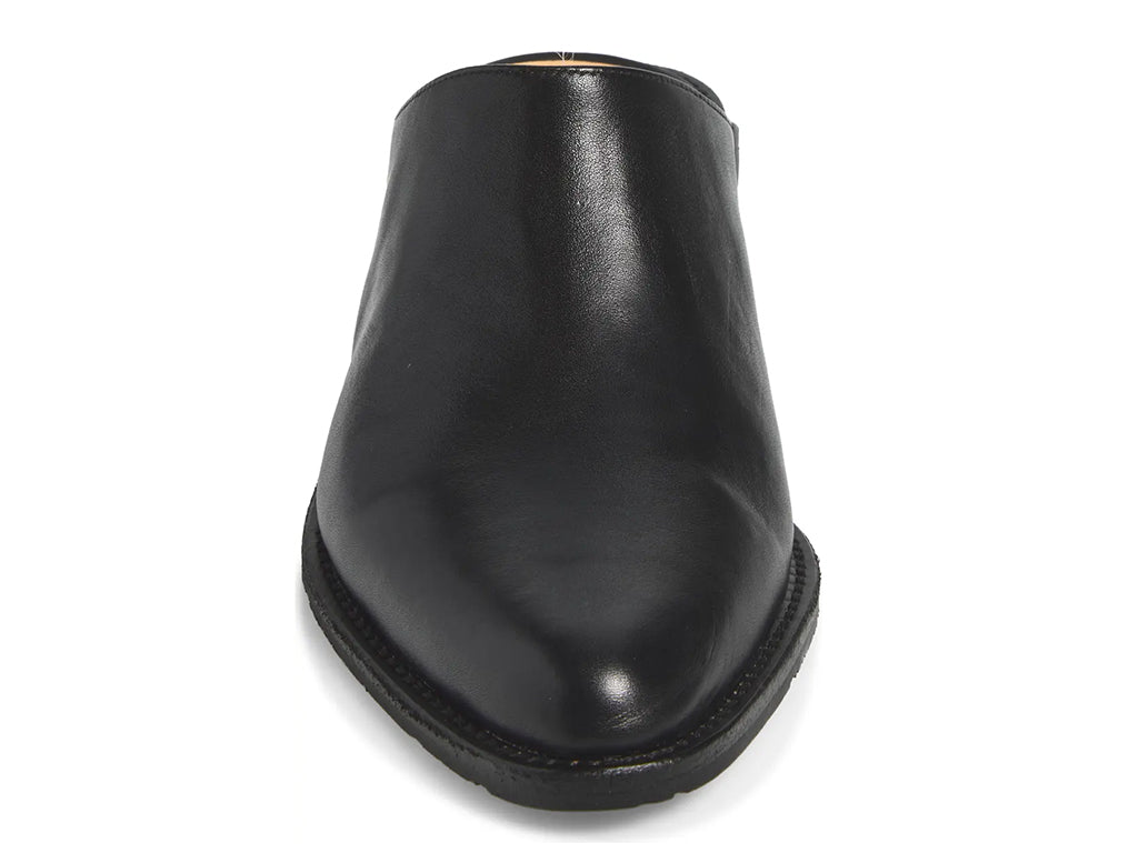 black leather mule shoe with a low block heel - front view
