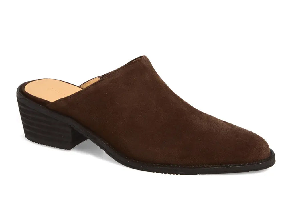 chocolate suede mule shoe with a low block heel - 3/4 front view