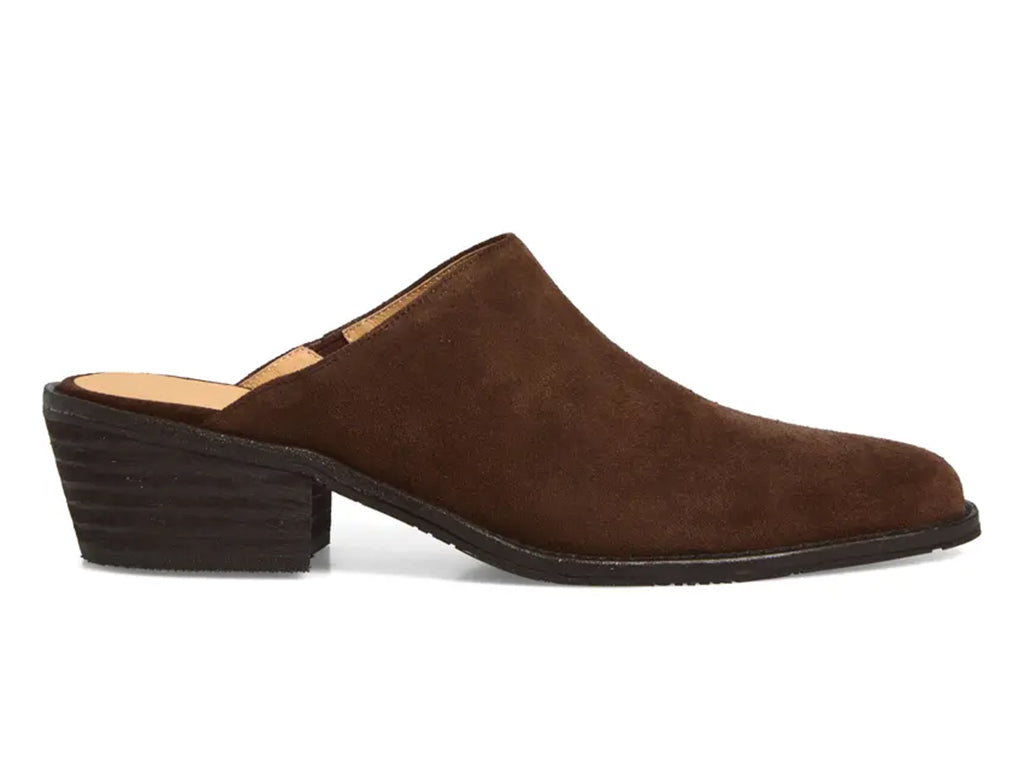 chocolate suede mule shoe with a low block heel - outer side view