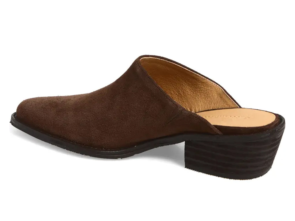 chocolate suede mule shoe with a low block heel - inner side view