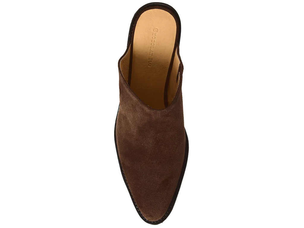 chocolate suede mule shoe with a low block heel - top view
