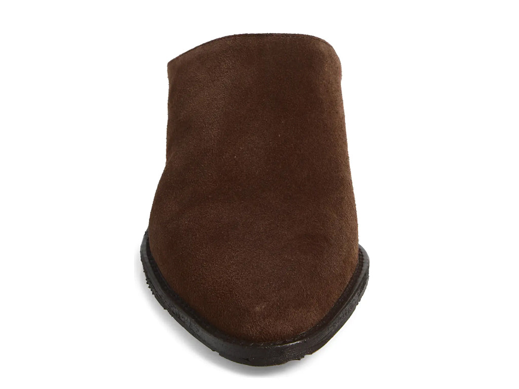 chocolate suede mule shoe with a low block heel - front view