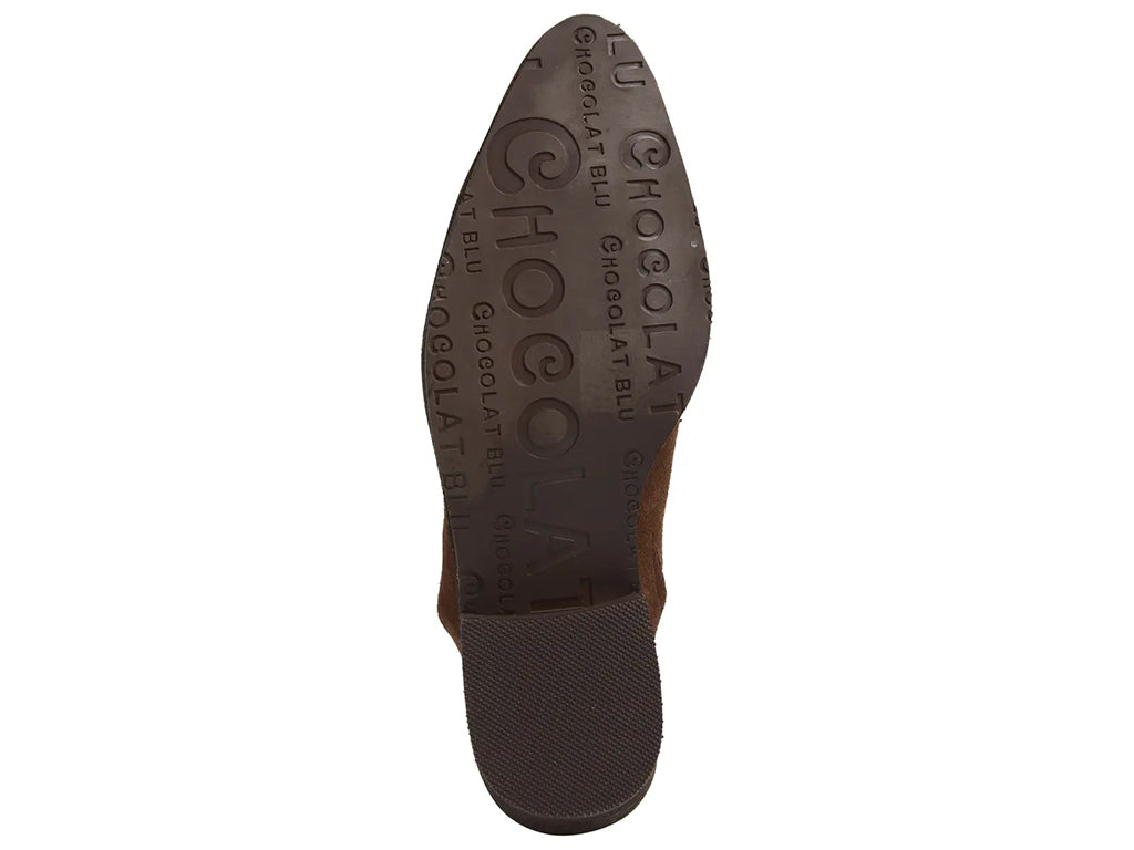 chocolate suede mule shoe with a low block heel - outsole view