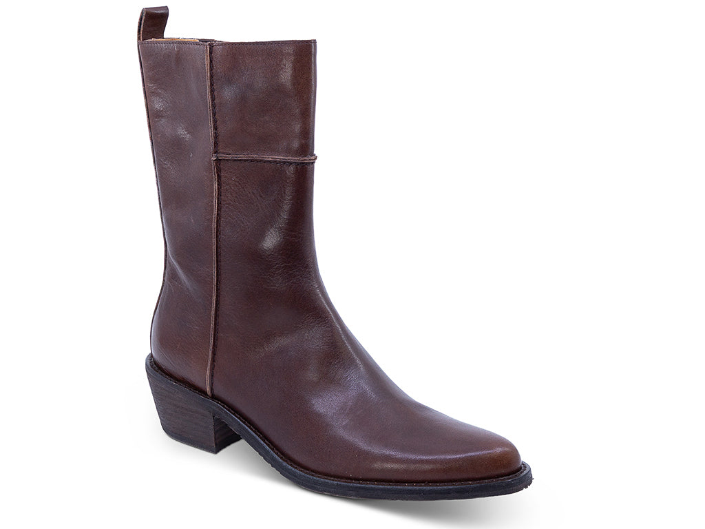 A dark brown leather ankle boot with a low block heel and a pull tab at the top - front 3/4 view