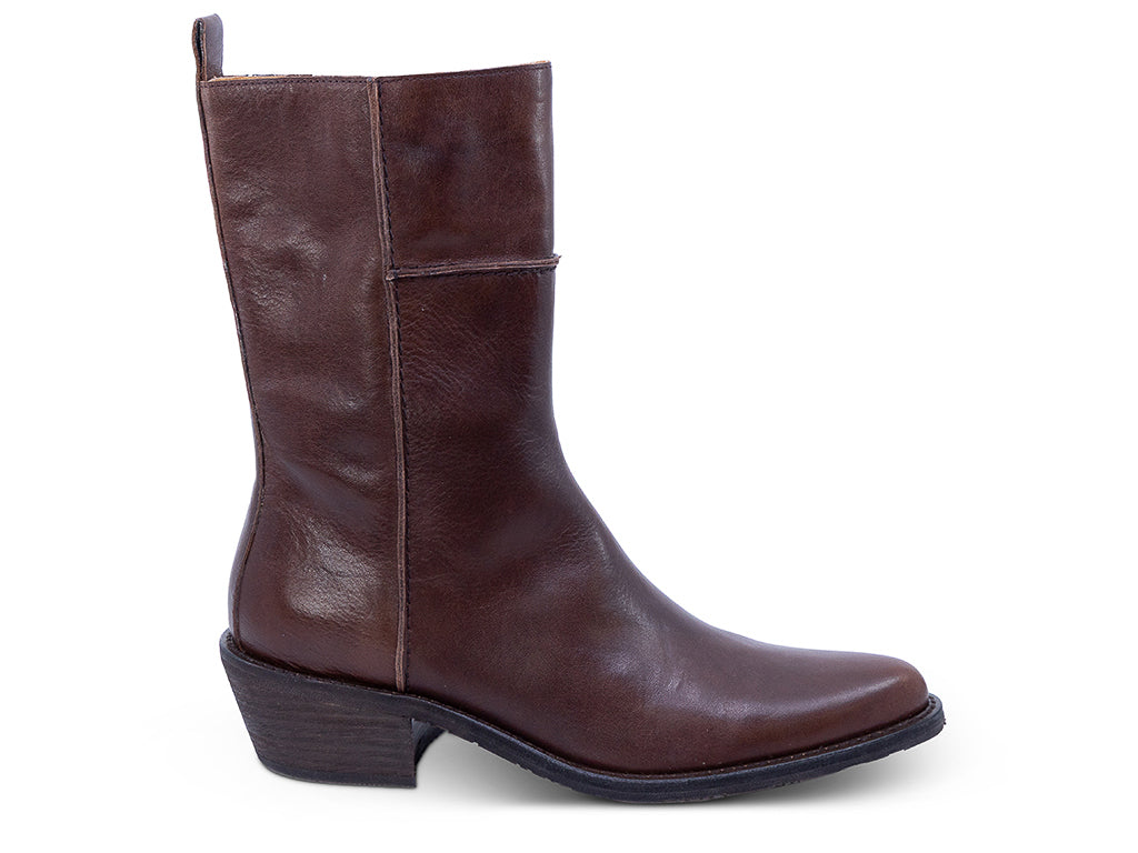 A dark brown leather ankle boot with a low block heel and a pull tab at the top - lateral side view