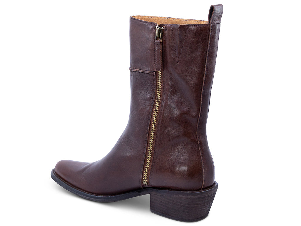 A dark brown leather ankle boot with a low block heel and a pull tab at the top - medial side view