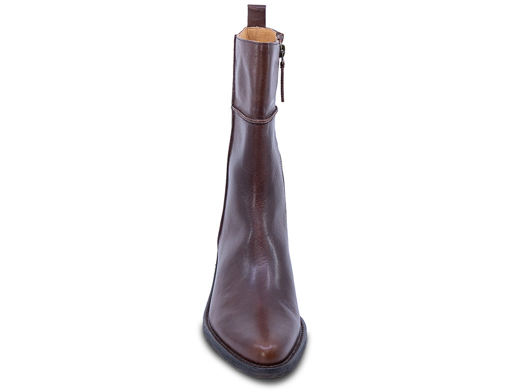 A dark brown leather ankle boot with a low block heel and a pull tab at the top - front view