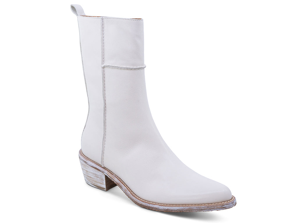 off white leather ankle boot with a low stacked block heel and a pull tab at the top - front 3/4 view