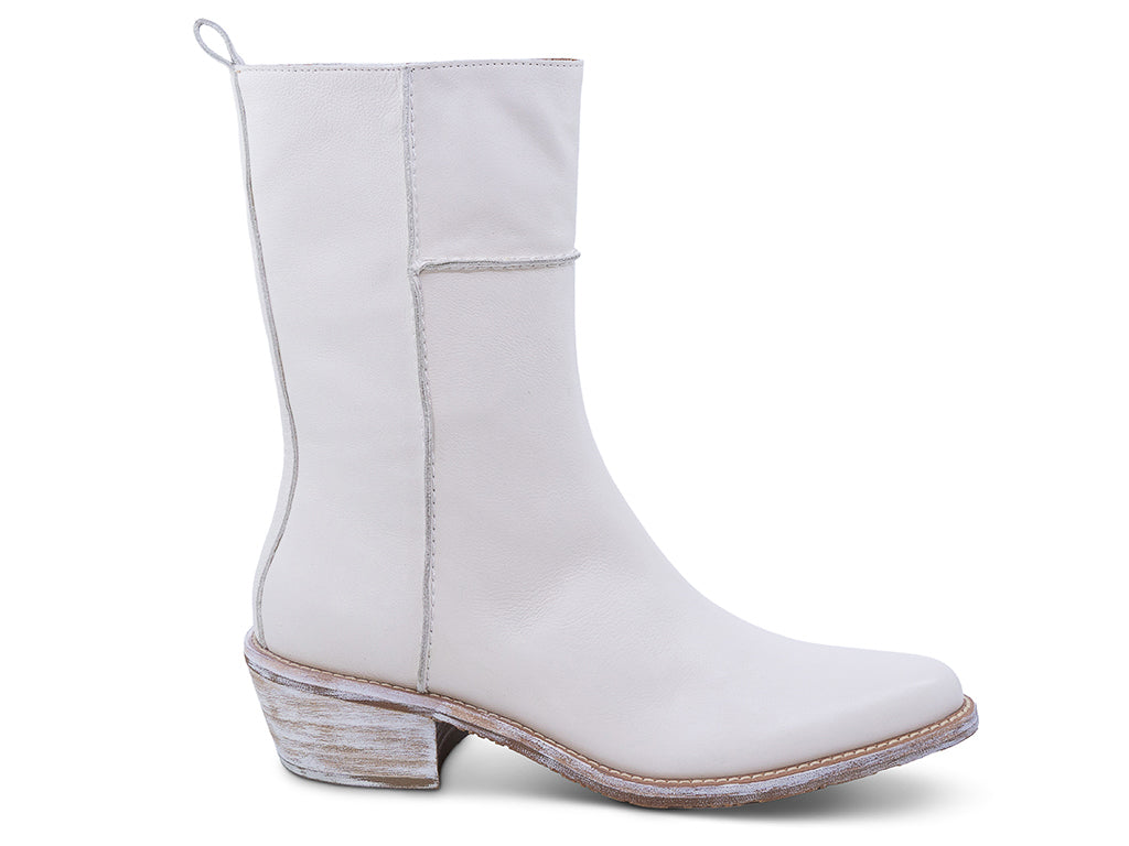 off white leather ankle boot with a low stacked block heel and a pull tab at the top - lateral side view