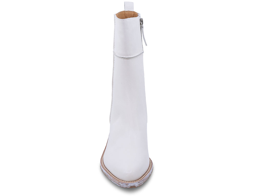 off white leather ankle boot with a low stacked block heel and a pull tab at the top - front view