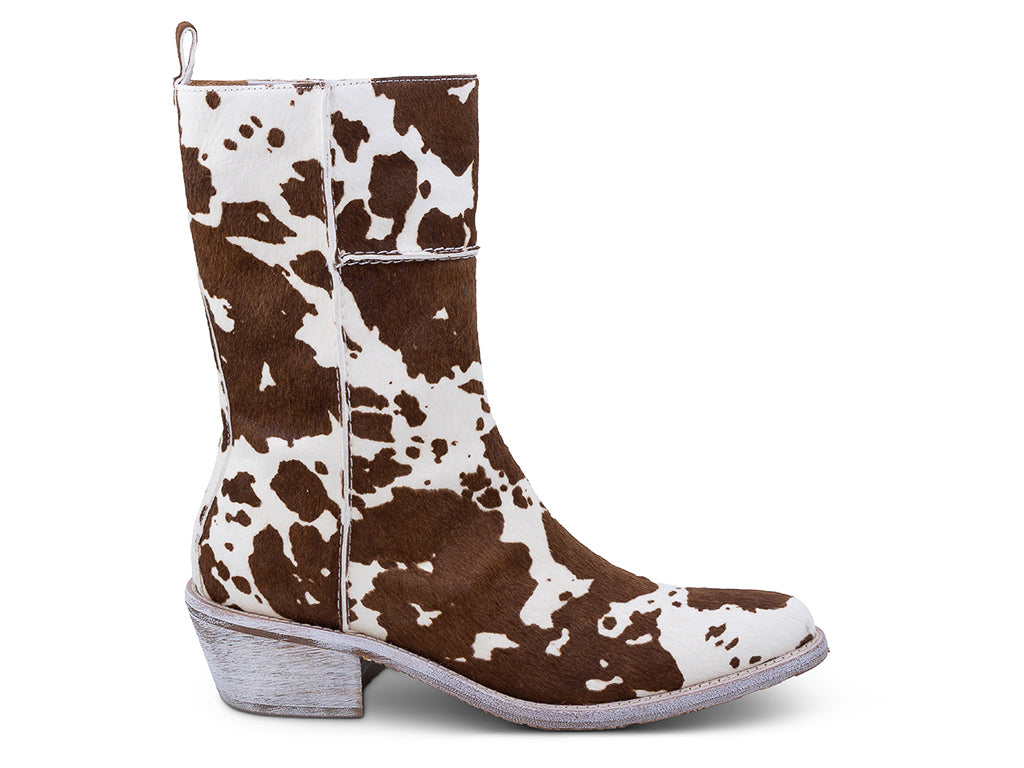 brown and white patterned calf hair ankle boot with a low block heel and a pull tab at the top - lateral side view