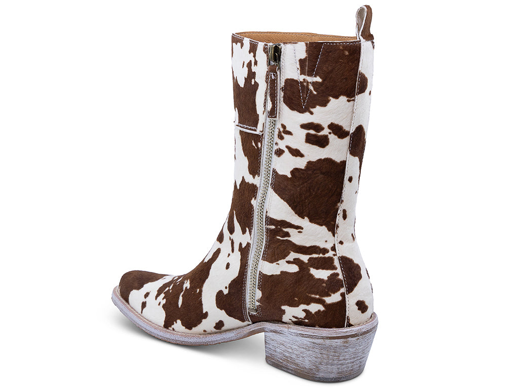 brown and white patterned calf hair ankle boot with a low block heel and a pull tab at the top - medial side view