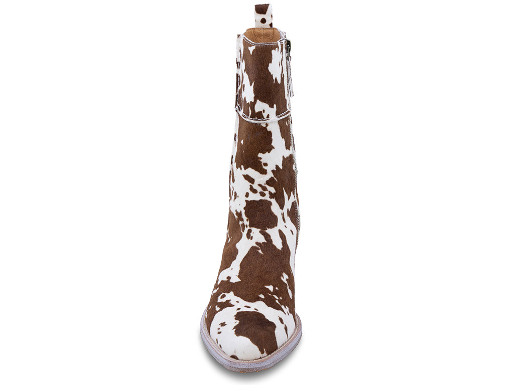 brown and white patterned calf hair ankle boot with a low block heel and a pull tab at the top - front view
