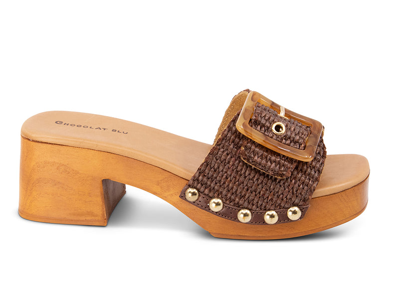 Brown woven sandal with a buckle on a wooden block heel - side view