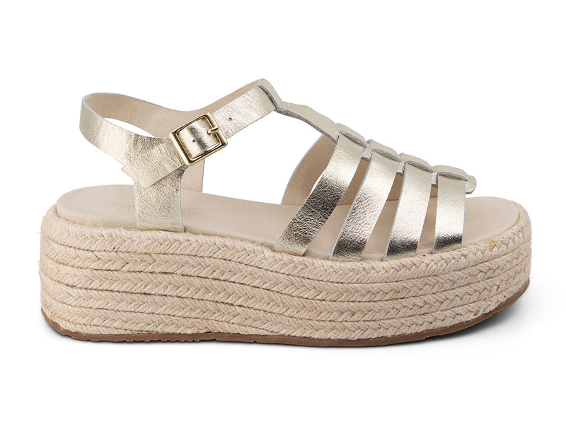 Lark Gold Strappy Sandal with jute wrapped platform_side view