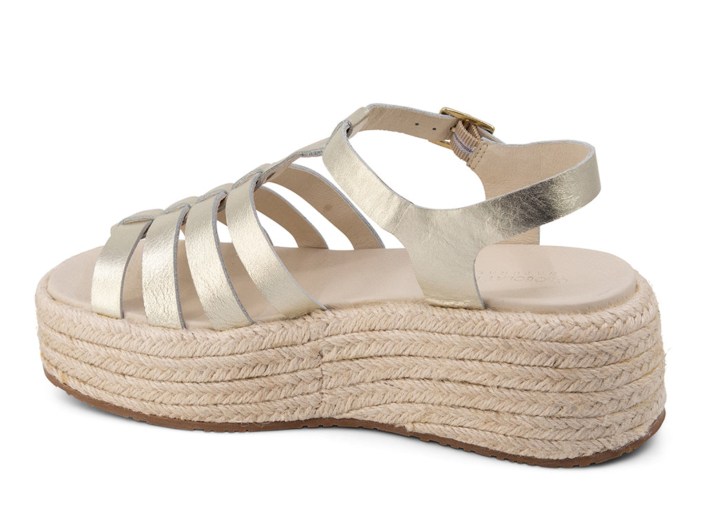 Lark Gold Strappy Sandal with jute wrapped platform_back and side angle view