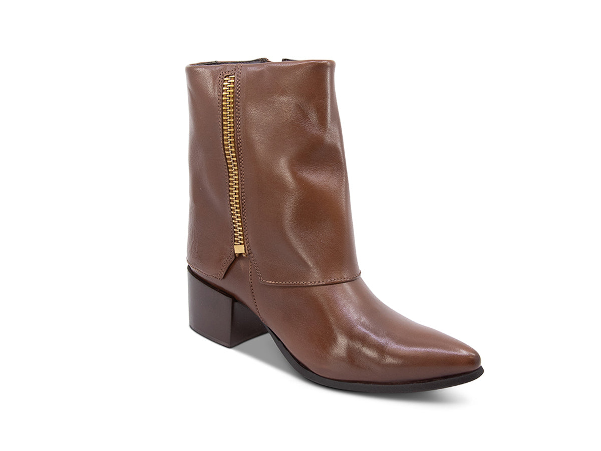 Brown leather boot with a gold side zipper and overlap design on a white background side angle view