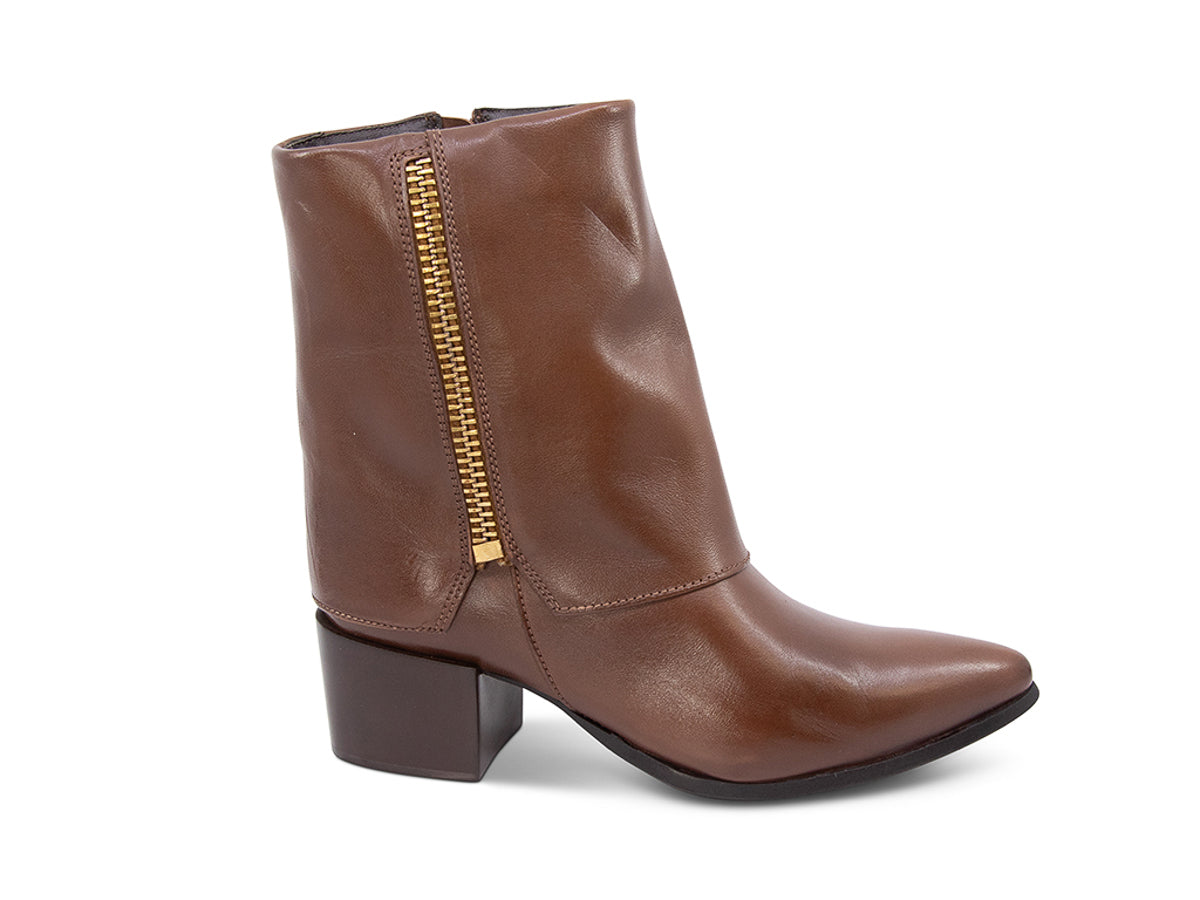 Brown leather boot with a gold side zipper and overlap design on a white background side view
