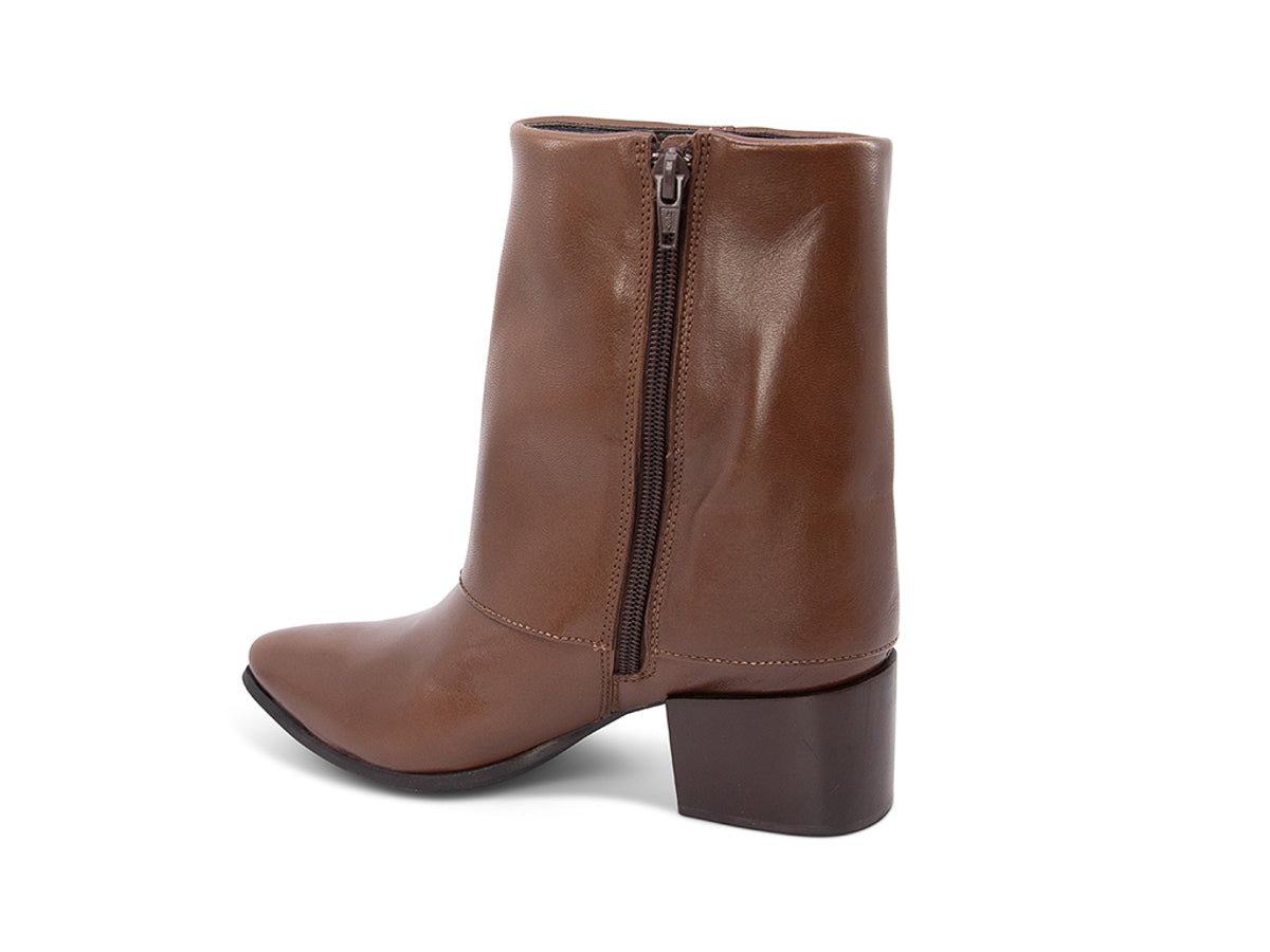 Brown leather boot with a gold side zipper and overlap design on a white background side angle view