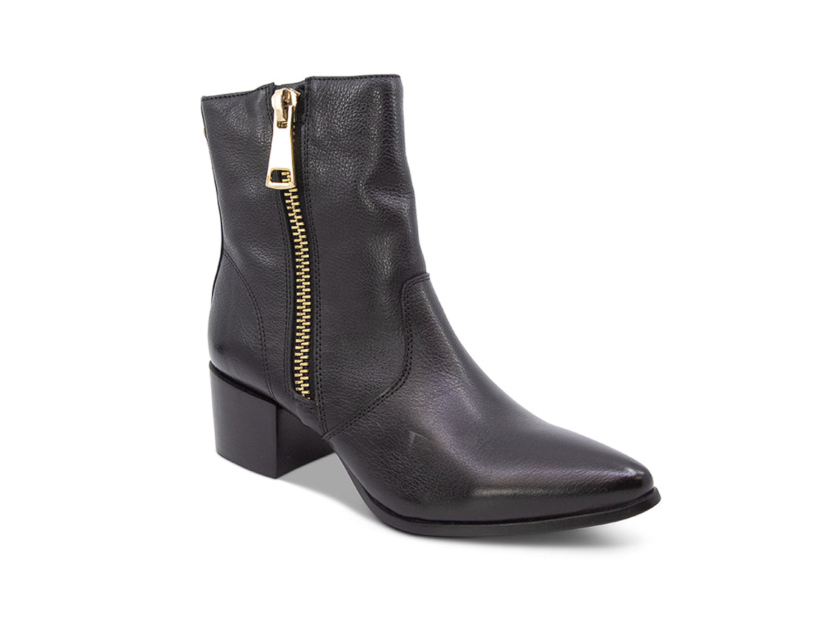 Black ankle boot with gold zipper on a white background side angle view