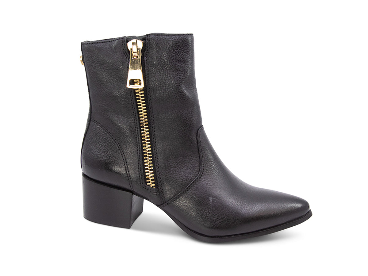 Black ankle boot with gold zipper on a white background side view