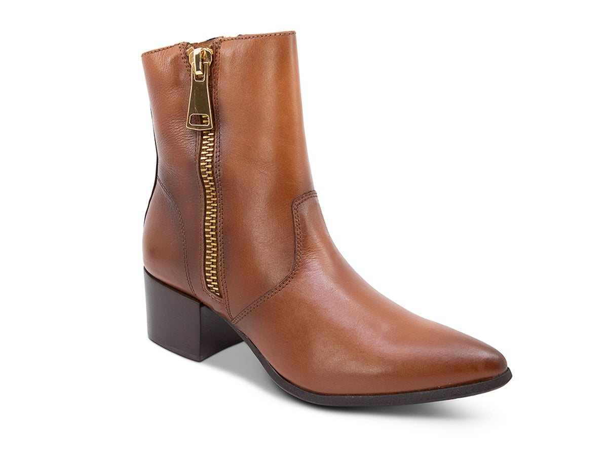 Brown ankle boot with gold zipper on a white background side angle view