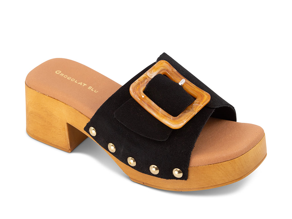 black suede platform sandal with buckle