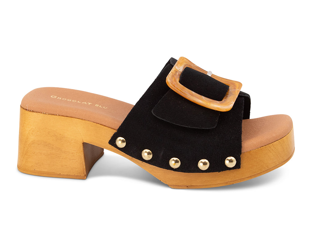black suede platform sandal with buckle - side view