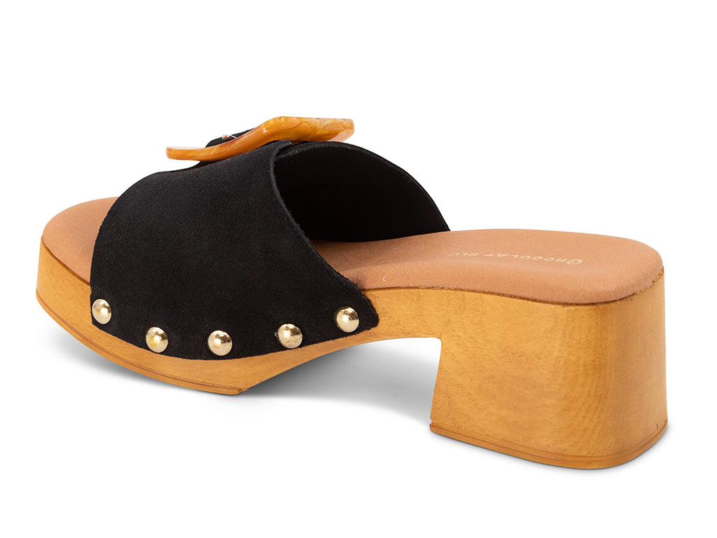 black suede platform sandal with buckle - view from the back