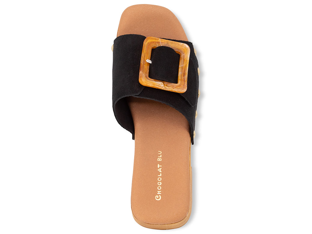 black suede platform sandal with buckle  top view