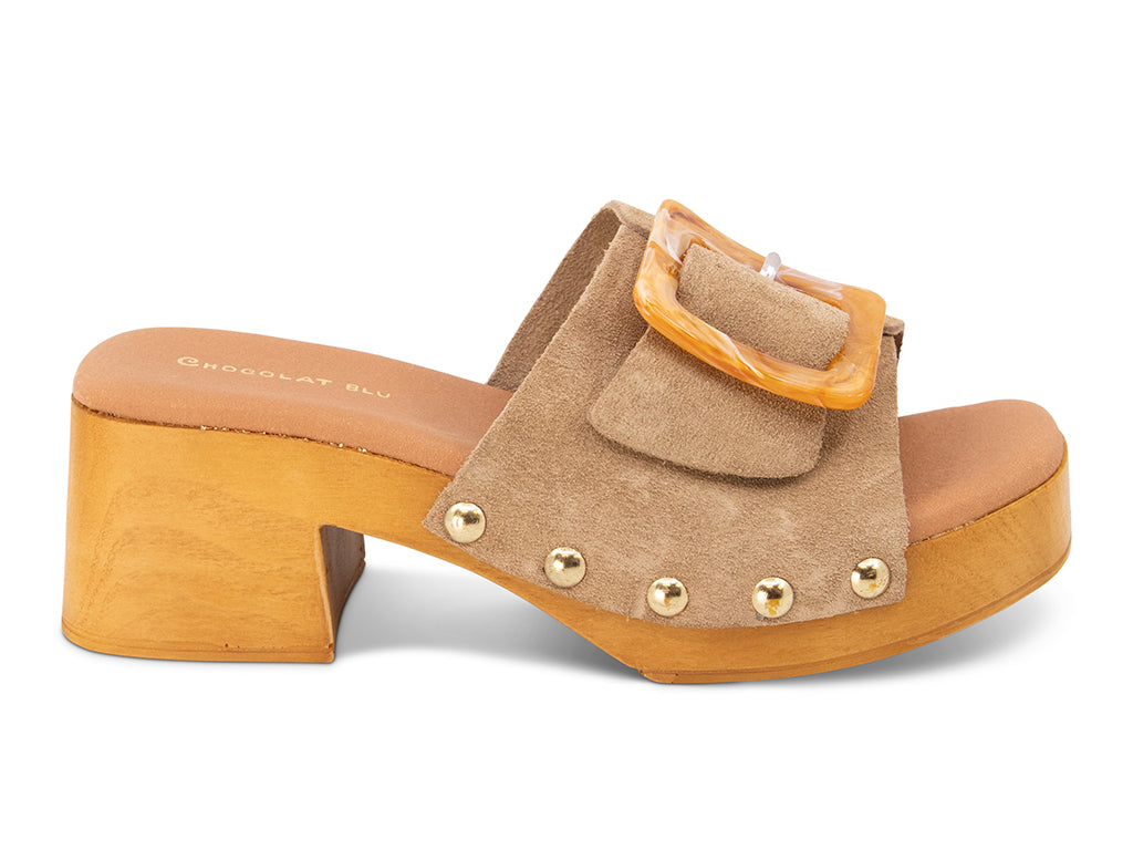 mushroom colored suede platform sandal with buckle - side view