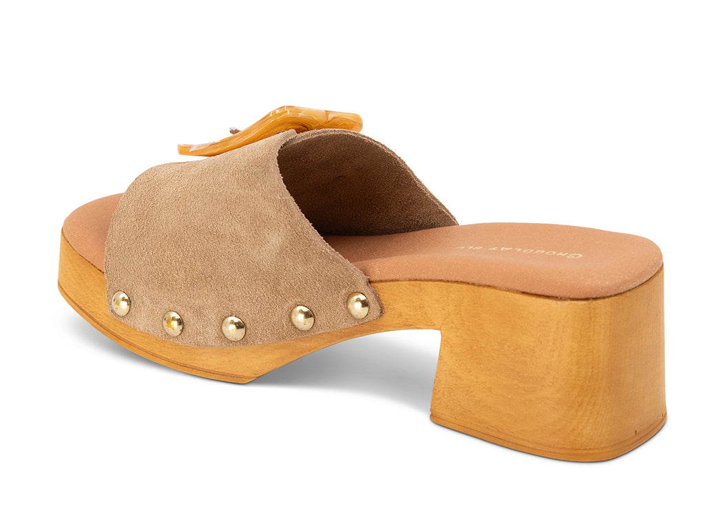 mushroom colored suede platform sandal with buckle - view from the back
