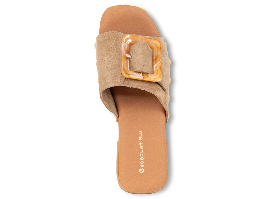 mushroom colored suede platform sandal with buckle - view from the top