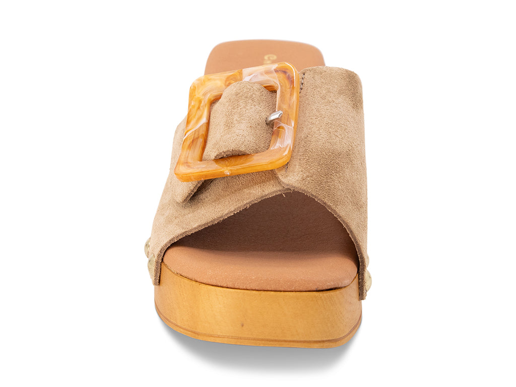 mushroom colored suede platform sandal with buckle - view from the front