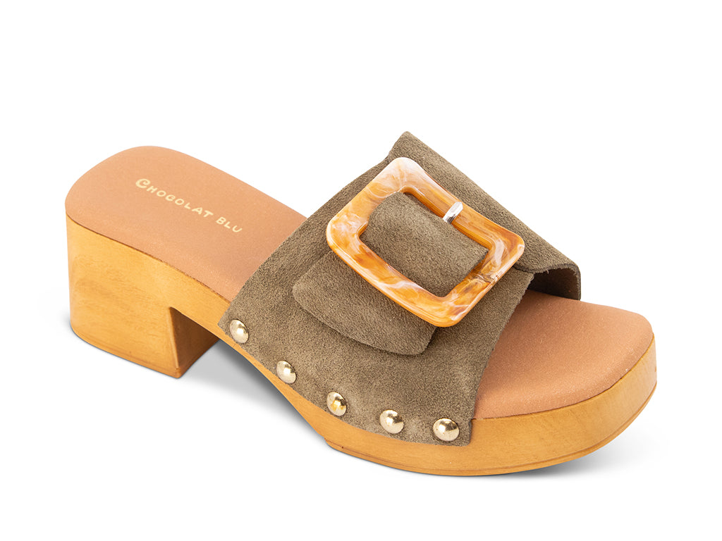 olive suede platform sandal with buckle
