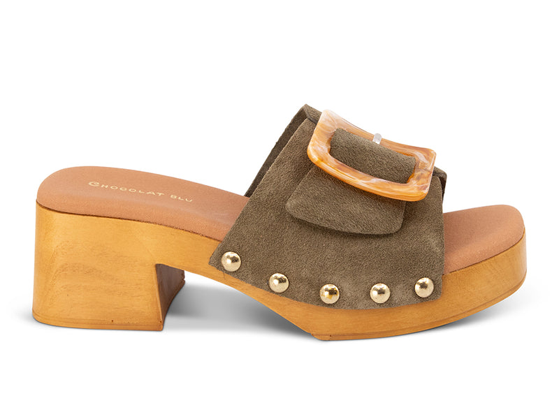 olive suede platform sandal with buckle - side view