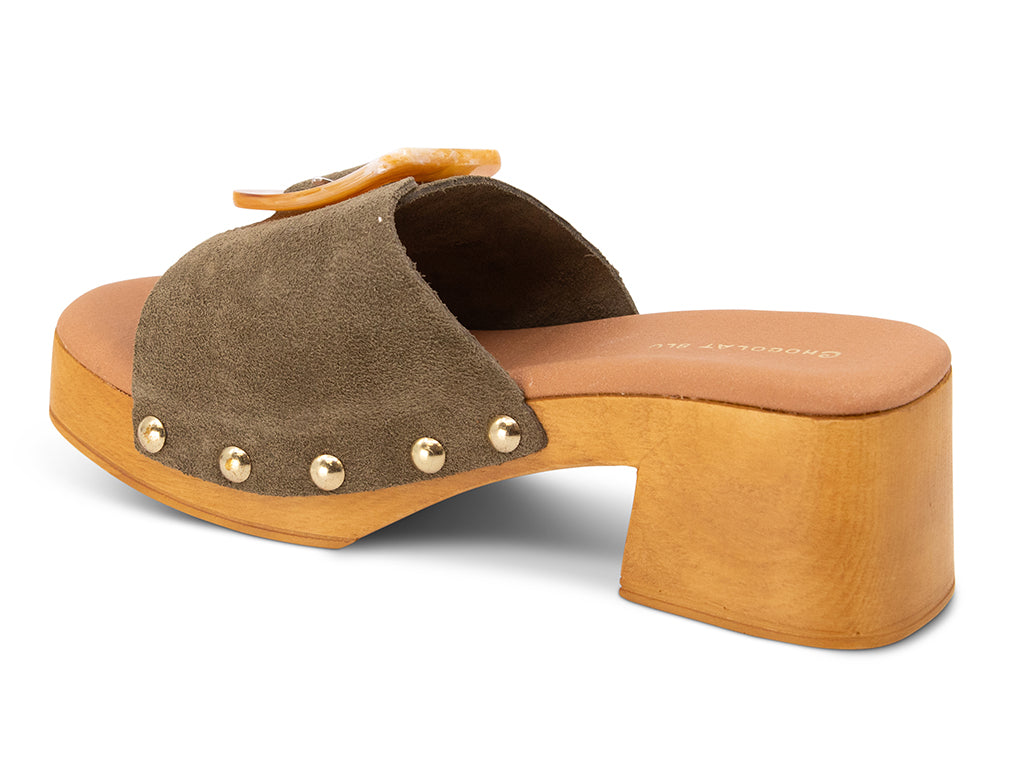 olive suede platform sandal with buckle - view from the back