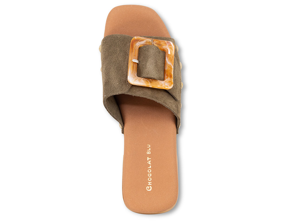 olive suede platform sandal with buckle - top view