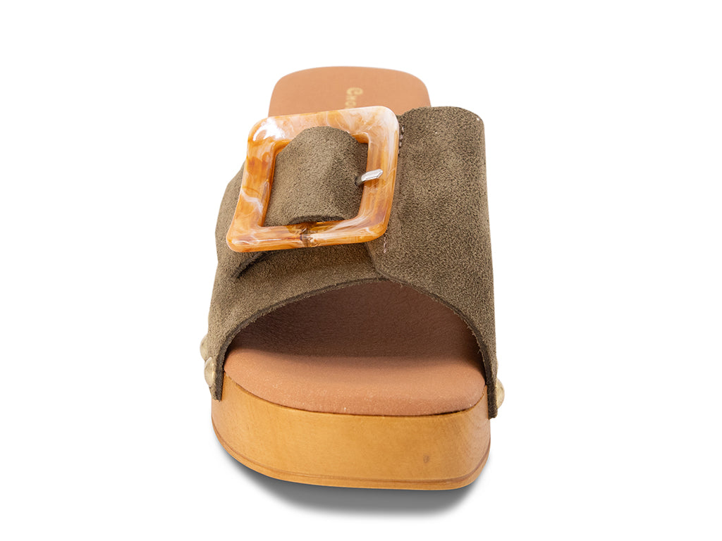 olive suede platform sandal with buckle - front view